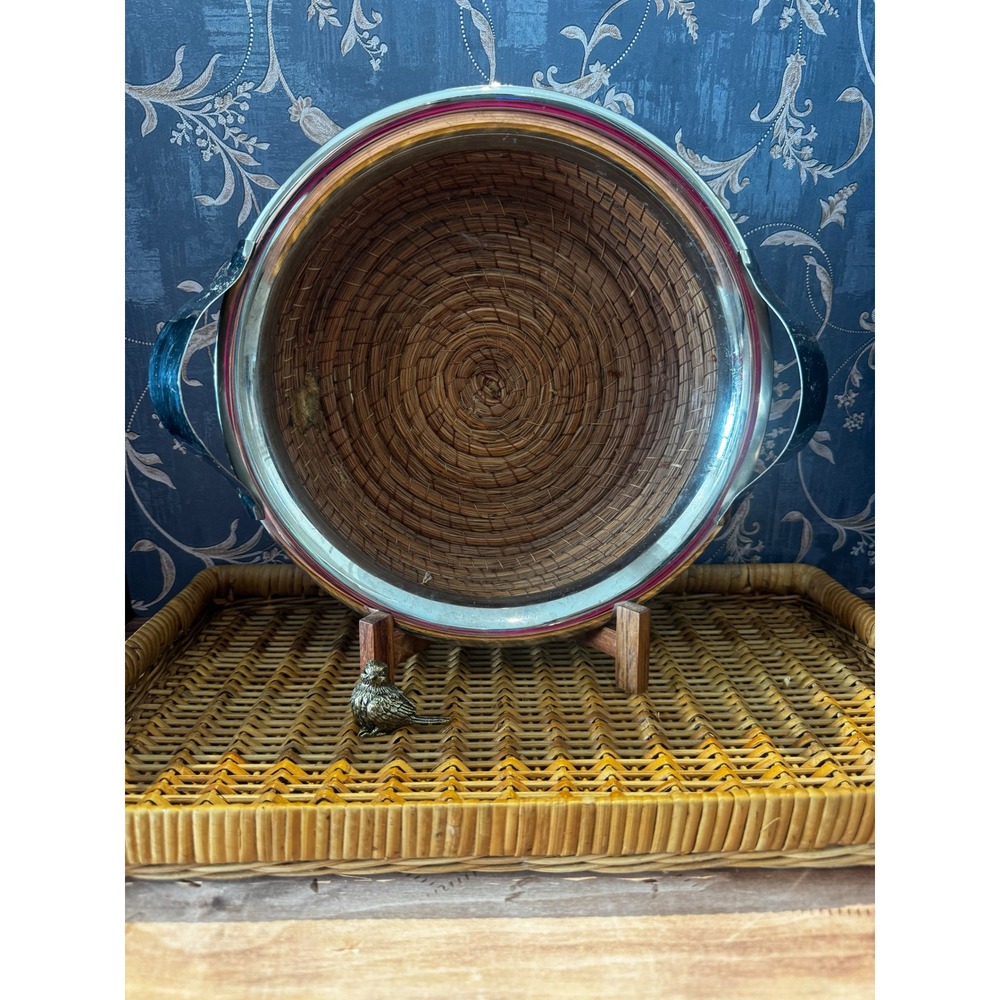 Vintage Wicker Bread Bowl with Chrome Handles, Rattan Serving‎ Tray